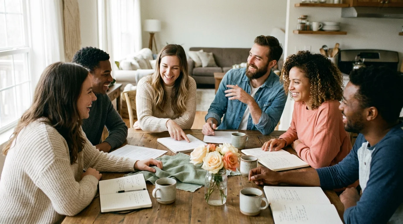 Engaged couple and wedding party planning together around a sunlit table with notebooks and coffee